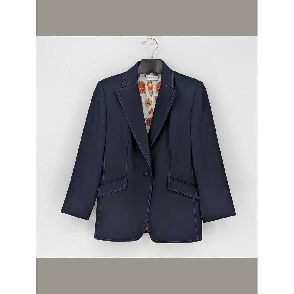 SIKAA Charlene Navy Wool Silk Blazer UK 12 US 8 Purple Stitching